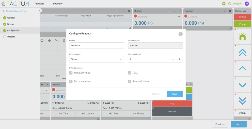 Configure Readout dialog: name, data channel set to Stress, precision digits, min/max, rate, tare and untare options