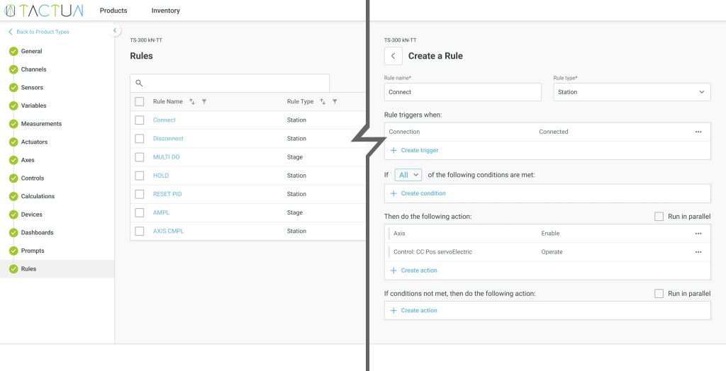 Rules list and Create-a-Rule editor showing triggers, conditions and actions for a testing machine